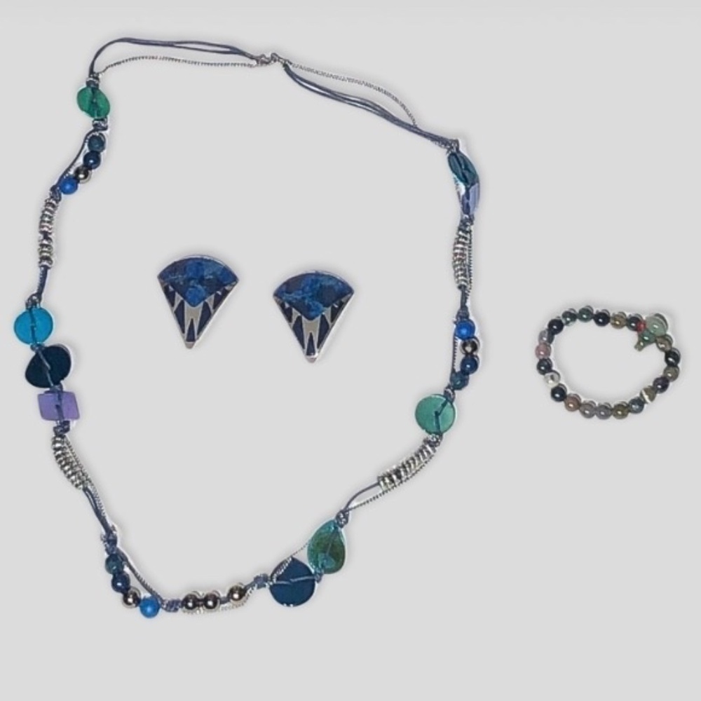 Vintage Beaded Multicolor Necklace Bracelet Clip On Earrings Set